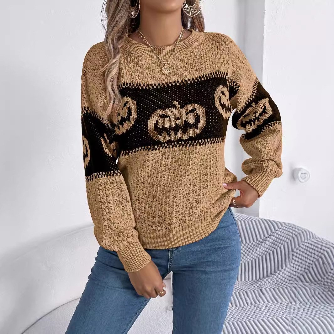 Halloween Pumpkin Pullover Sweater Fashion Long Sleeve Knitted Tops For Women Clothing - Image 3