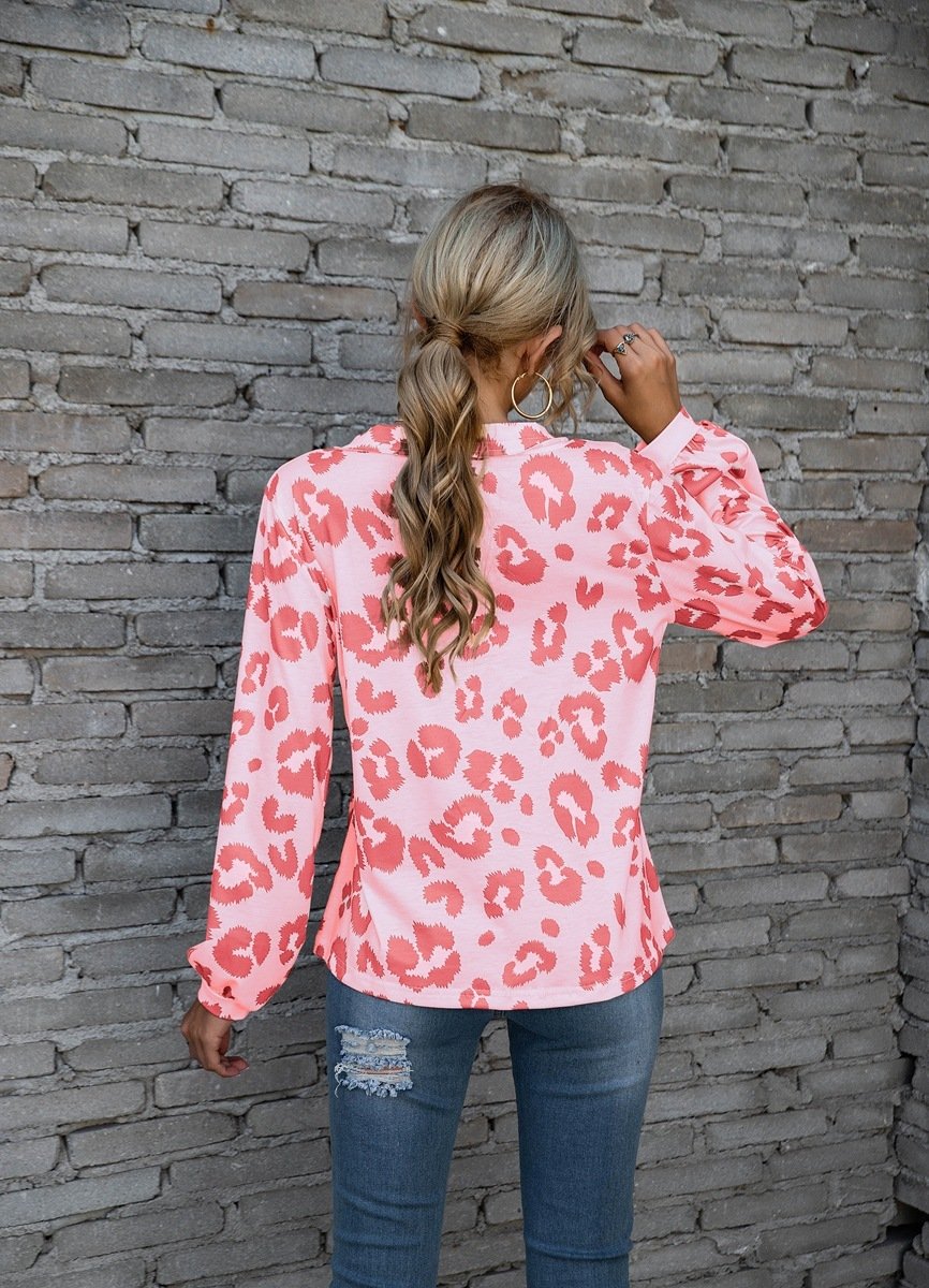 Leopard Print V-neck T-shirt Fashion Loose Long Sleeve Tops For Women Clothing - Image 3