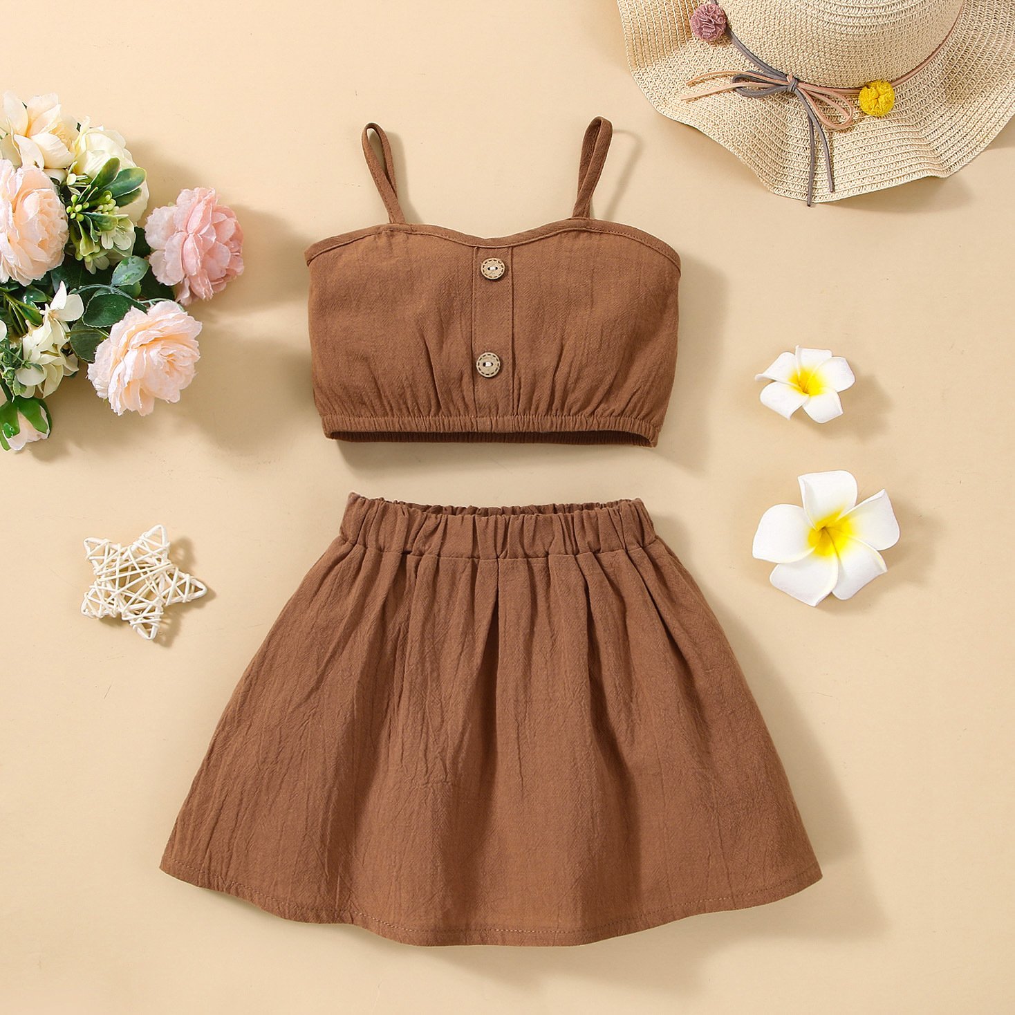 Solid Color Sling Decoration Wooden Buckle Skirt Outfit - Image 5