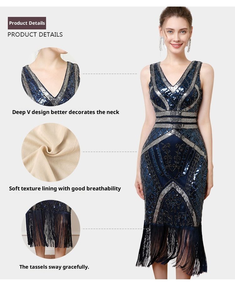 Sexy Sequined Deep V-neck Party Host Performance Wear Cocktail Party Sleeveless Mesh Dress - Image 5