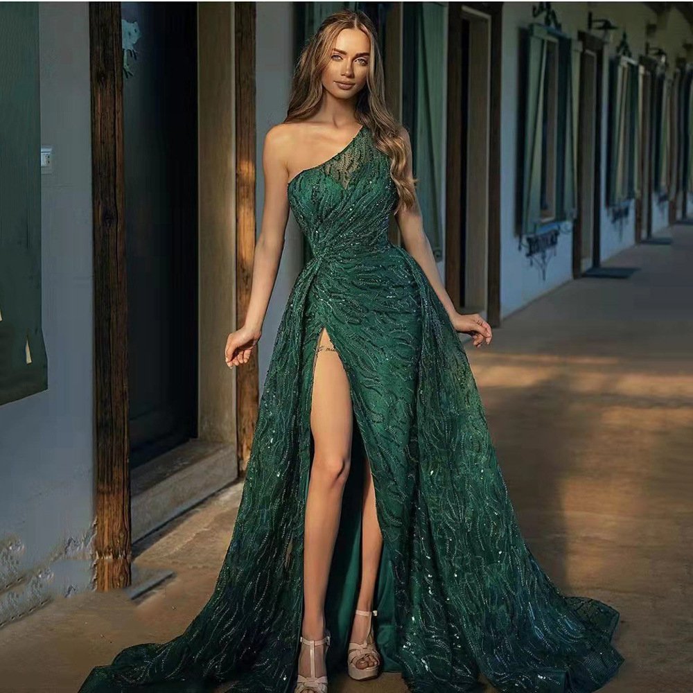 Women's Diagonal Shoulder Split Long Skirt Cocktail Dress - Image 5