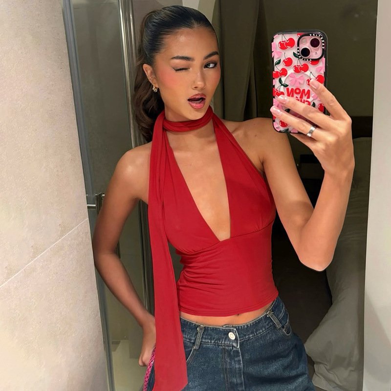 Deep V-neck Halter Tops Summer Fashion Y2K Sleeveless T-shirt For Women Clothing - Image 6