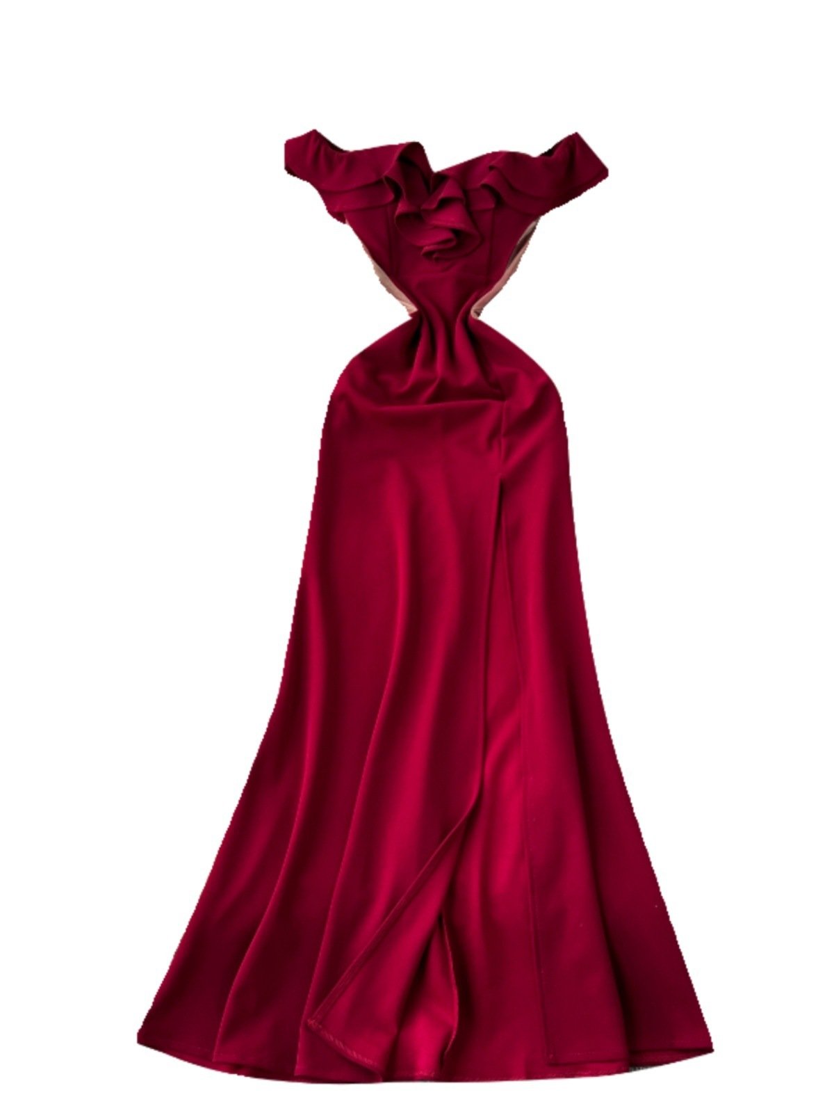 Ruffled Patchwork Waist-slimming High Slit Long Cocktail Party Dress - Image 3