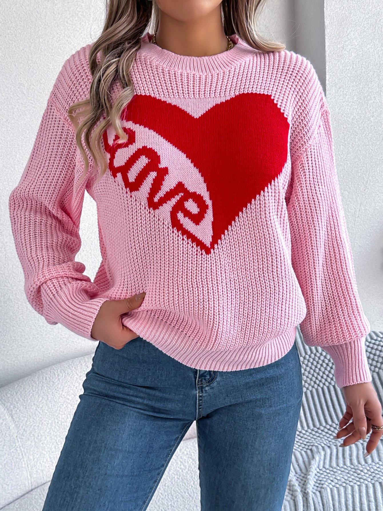 Love Print Pullover Sweater Tops For Women Valentine's Day Clothing - Image 2