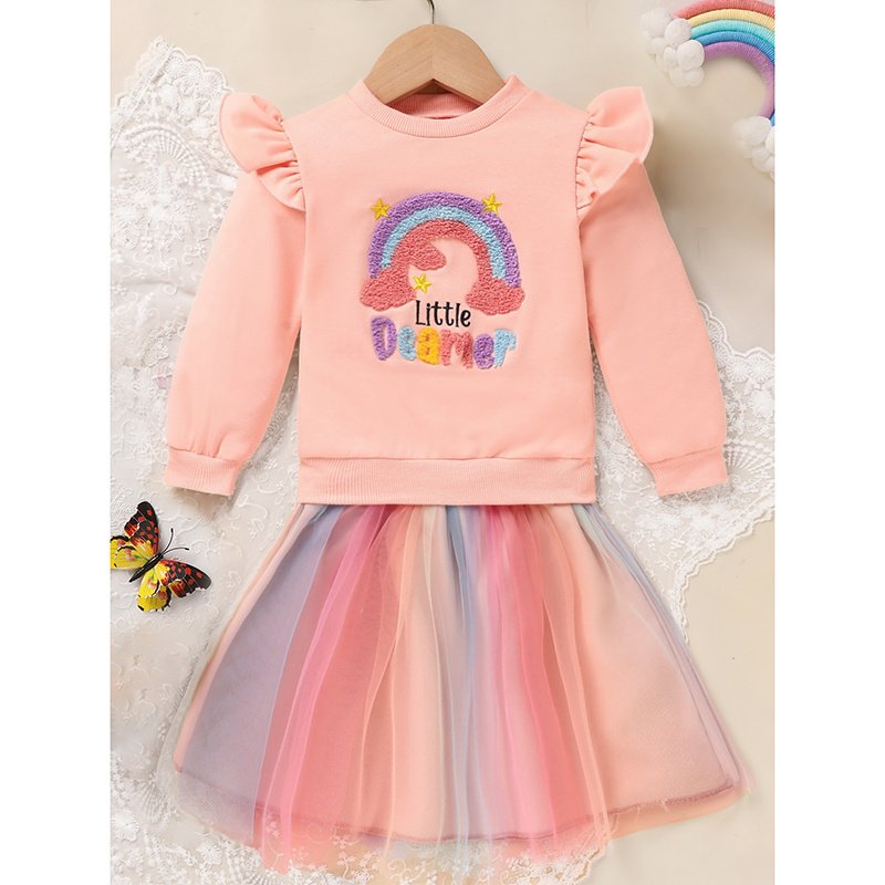 Baby Girls Rainbow Skirt Set Letters Embroidery Long Sleeve Sweatshirt Tops - Image 7