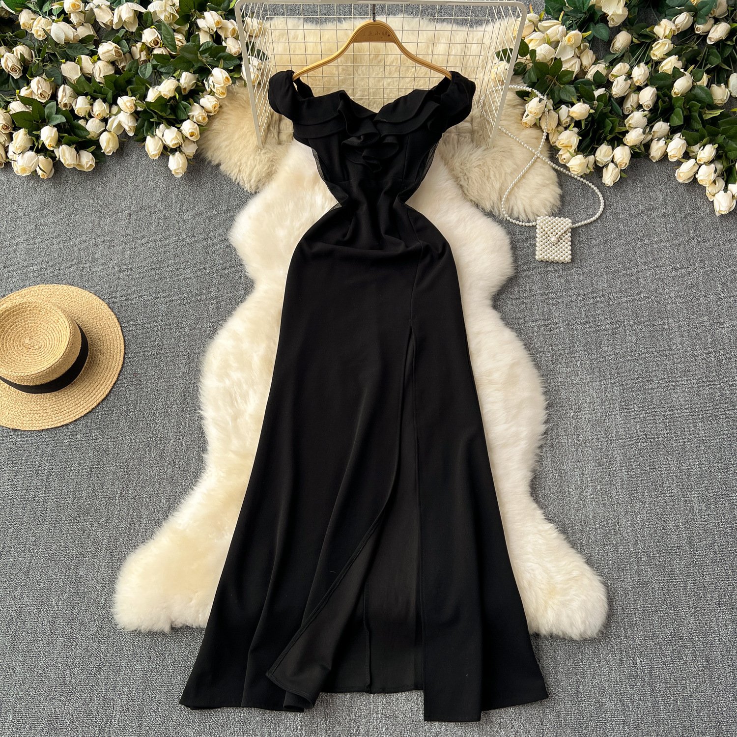 Ruffled Patchwork Waist-slimming High Slit Long Cocktail Party Dress - Image 6