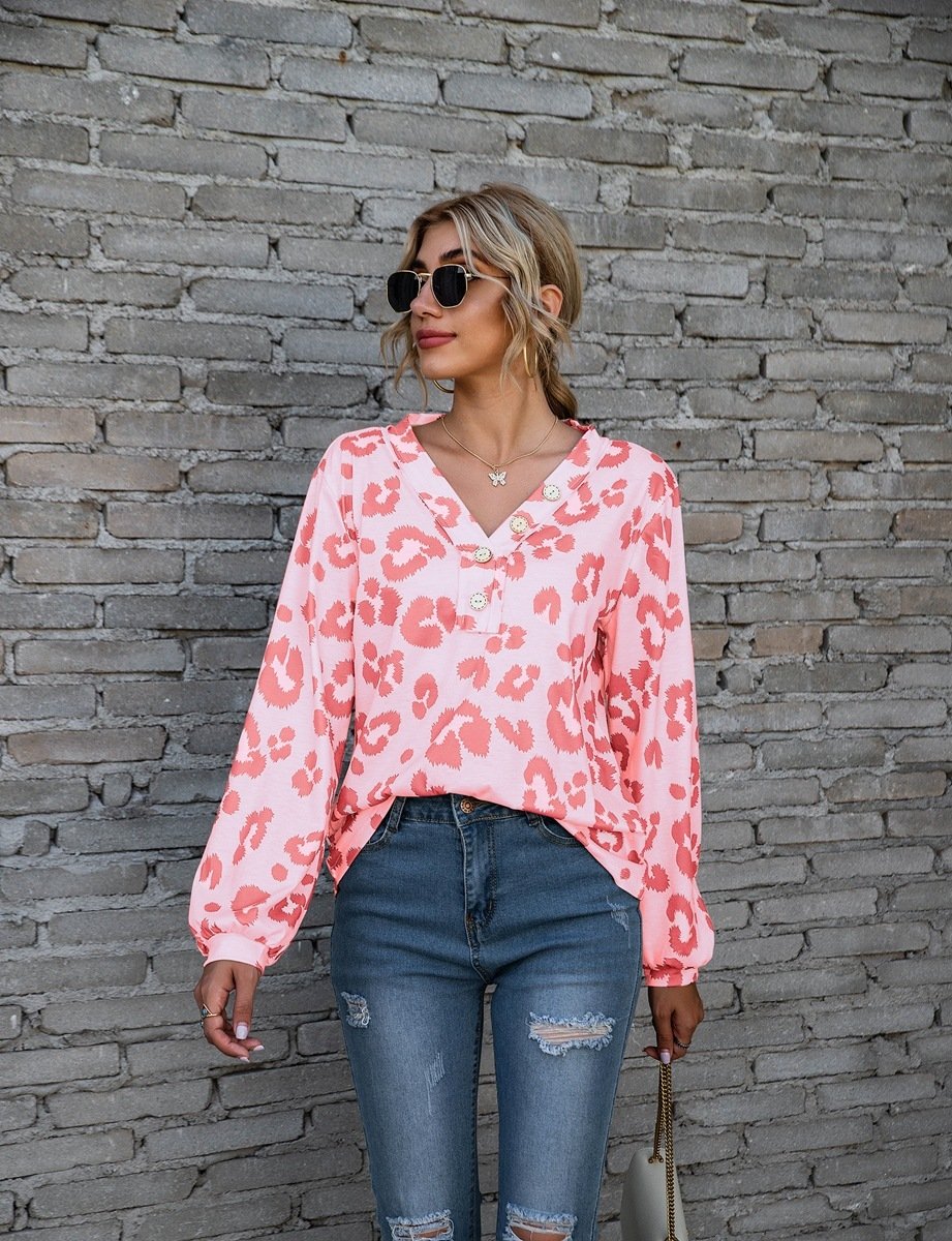 Leopard Print V-neck T-shirt Fashion Loose Long Sleeve Tops For Women Clothing - Image 6