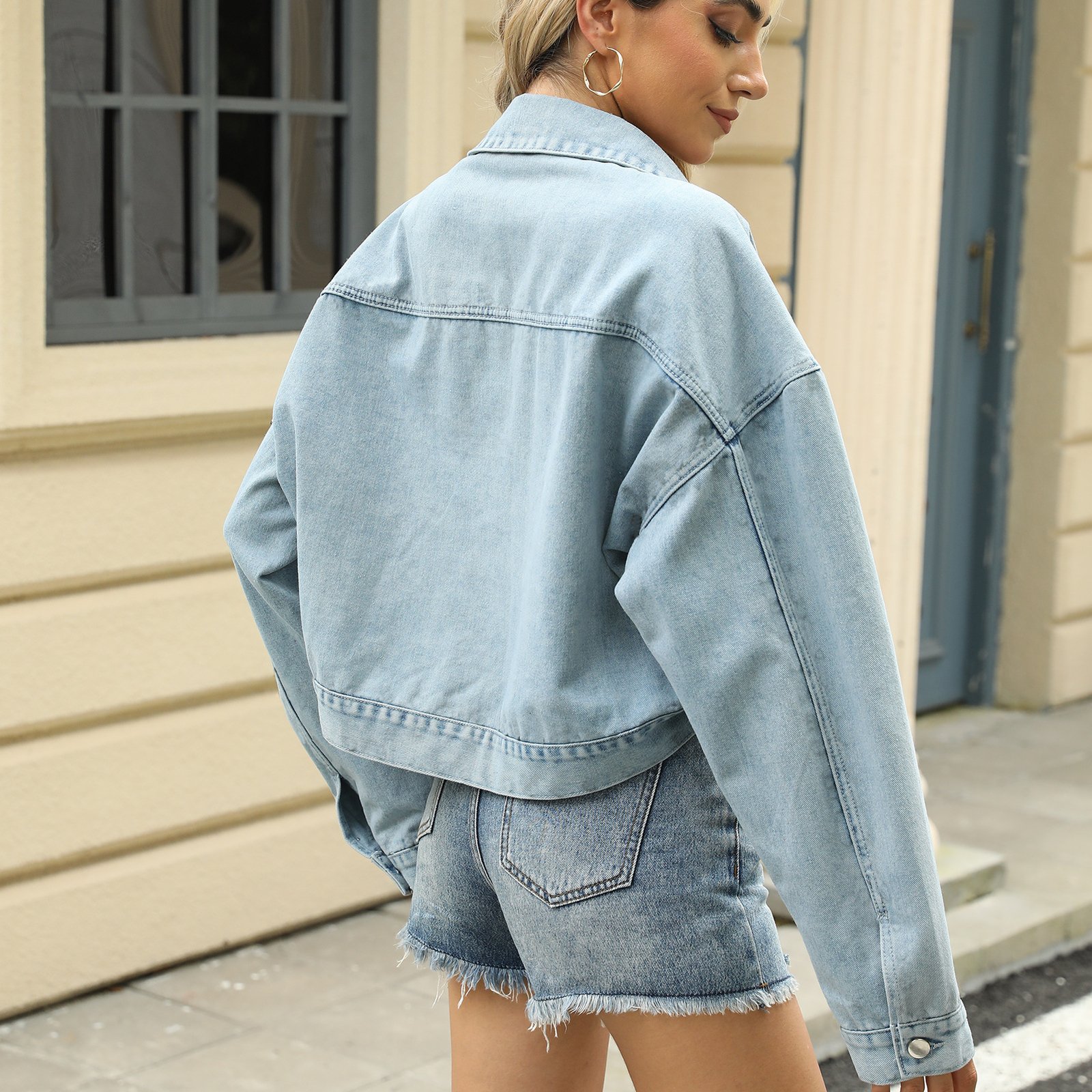 Loose Cropped Denim Jacket Tops For Women Clothing - Image 5