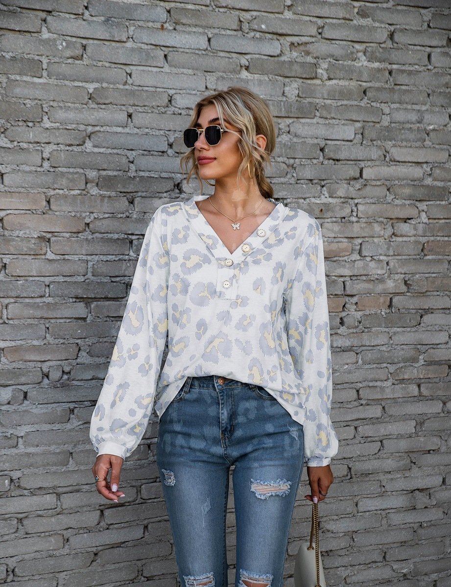 Leopard Print V-neck T-shirt Fashion Loose Long Sleeve Tops For Women Clothing - Image 8