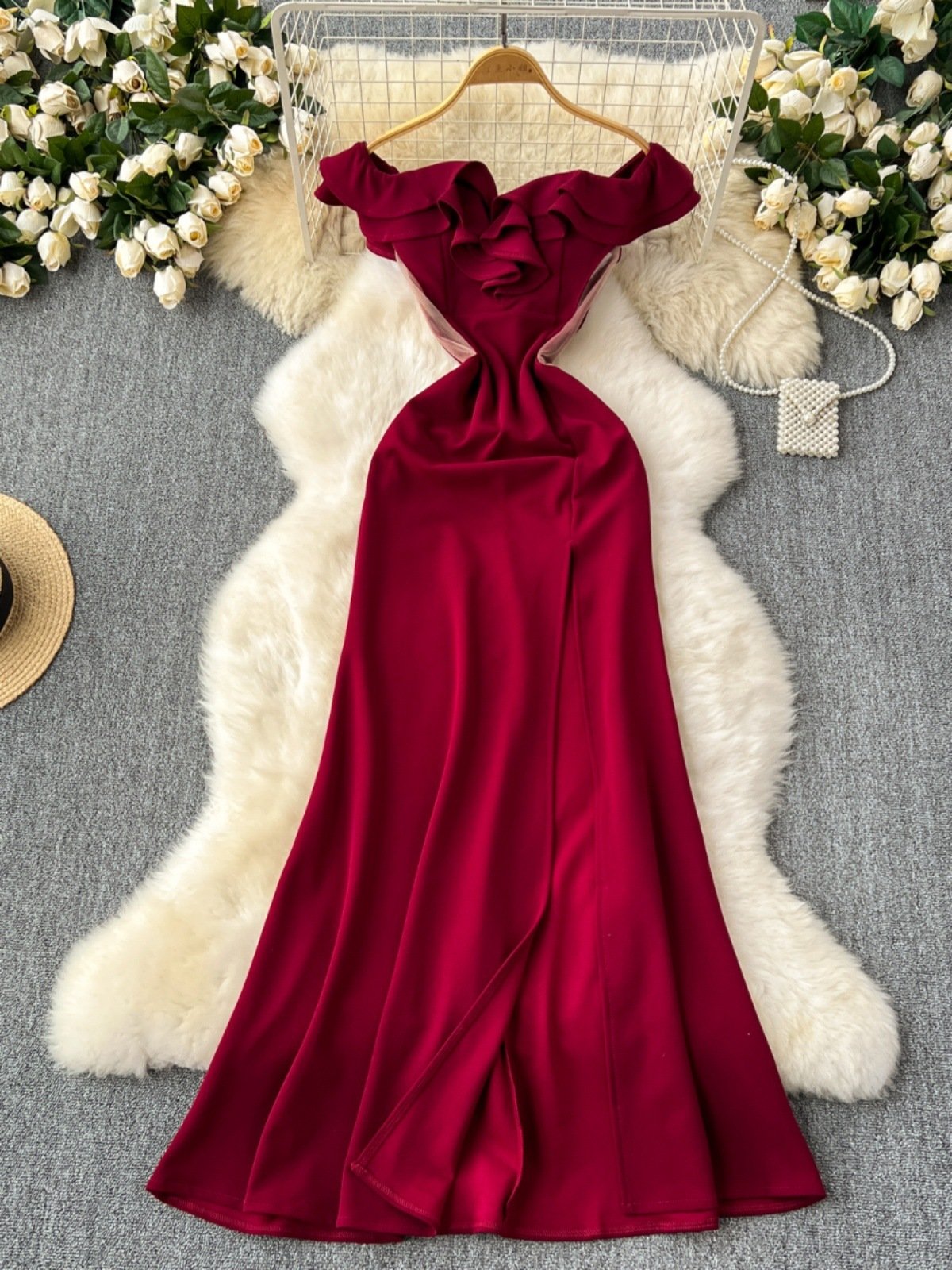 Ruffled Patchwork Waist-slimming High Slit Long Cocktail Party Dress - Image 7