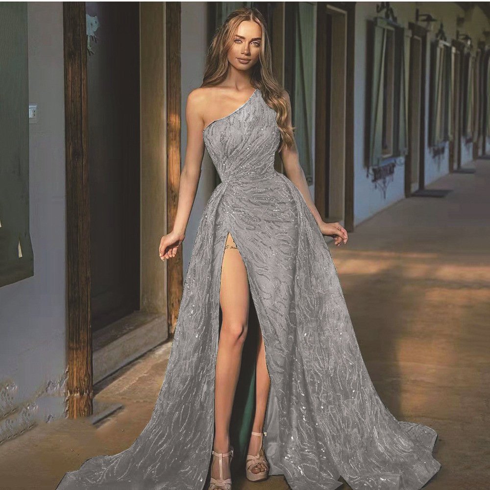 Women's Diagonal Shoulder Split Long Skirt Cocktail Dress - Image 2