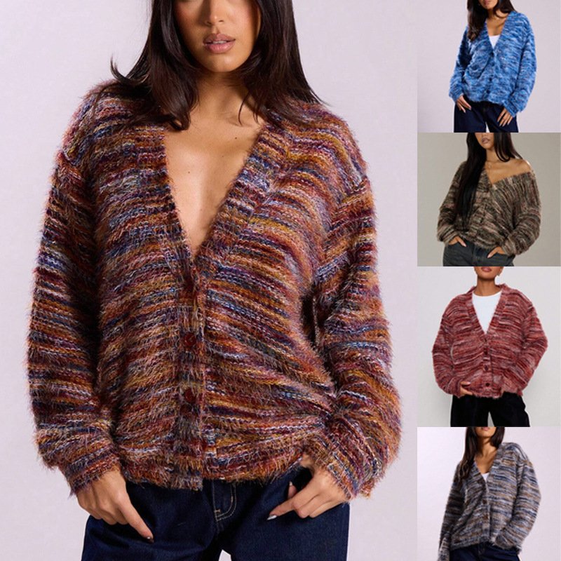 Winter Stripe Knitted Sweater Tops For Women