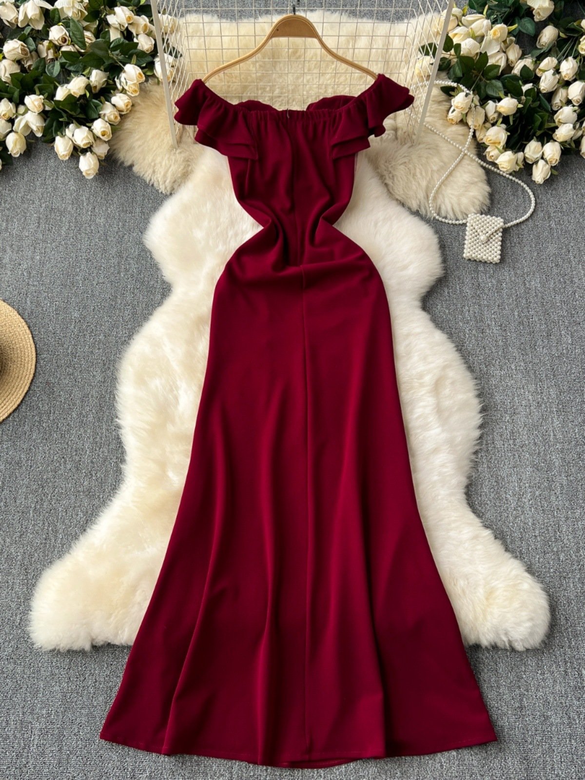 Ruffled Patchwork Waist-slimming High Slit Long Cocktail Party Dress - Image 5
