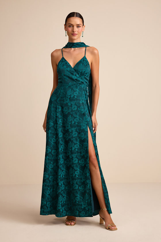 Mahira Emerald Satin Jacquard Surplice Sash Scarf Maxi Dress