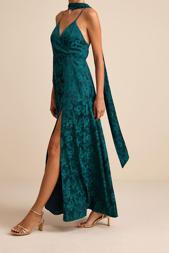 Mahira Emerald Satin Jacquard Surplice Sash Scarf Maxi Dress - Image 2