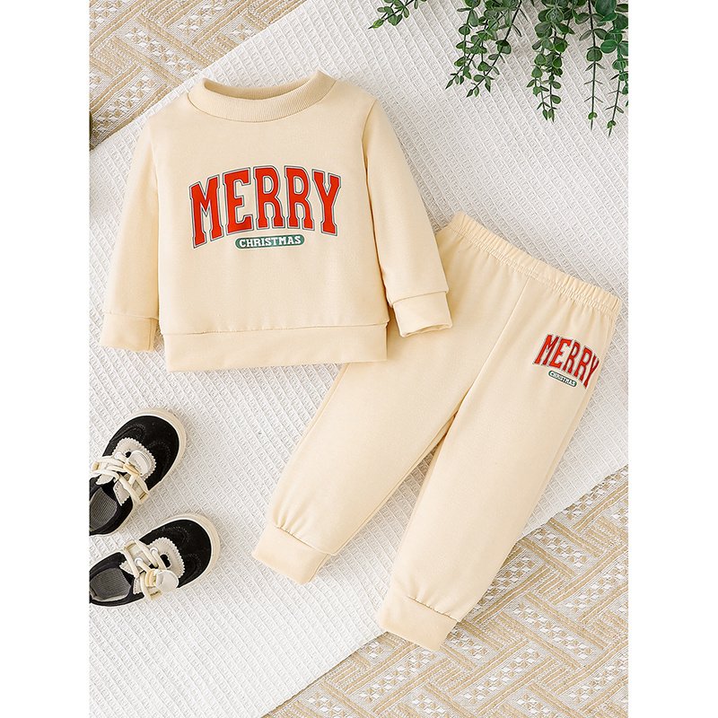 Baby Girls 2Pcs Christmas Outfits MERRY Christmas Letter Print Round Neck Long Sleeve Sweatshirt - Image 2