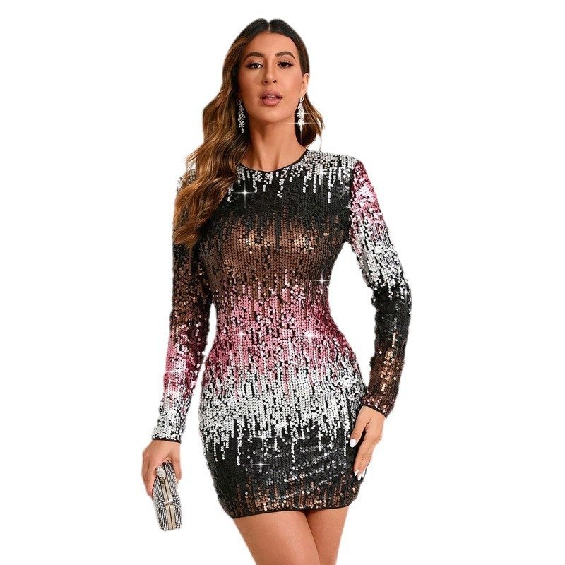 Gradient Contrast Color Sequined Long Sleeve Cocktail Dress - Image 10