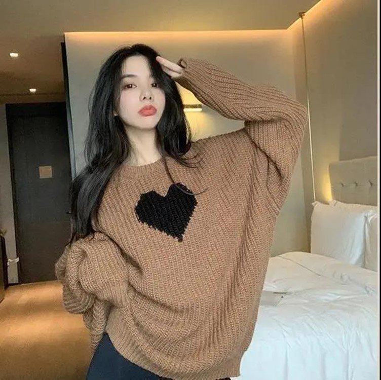 Casual Outer Wear Love Loose Sweater Women Round Neck Pullover Knit Top - Image 4