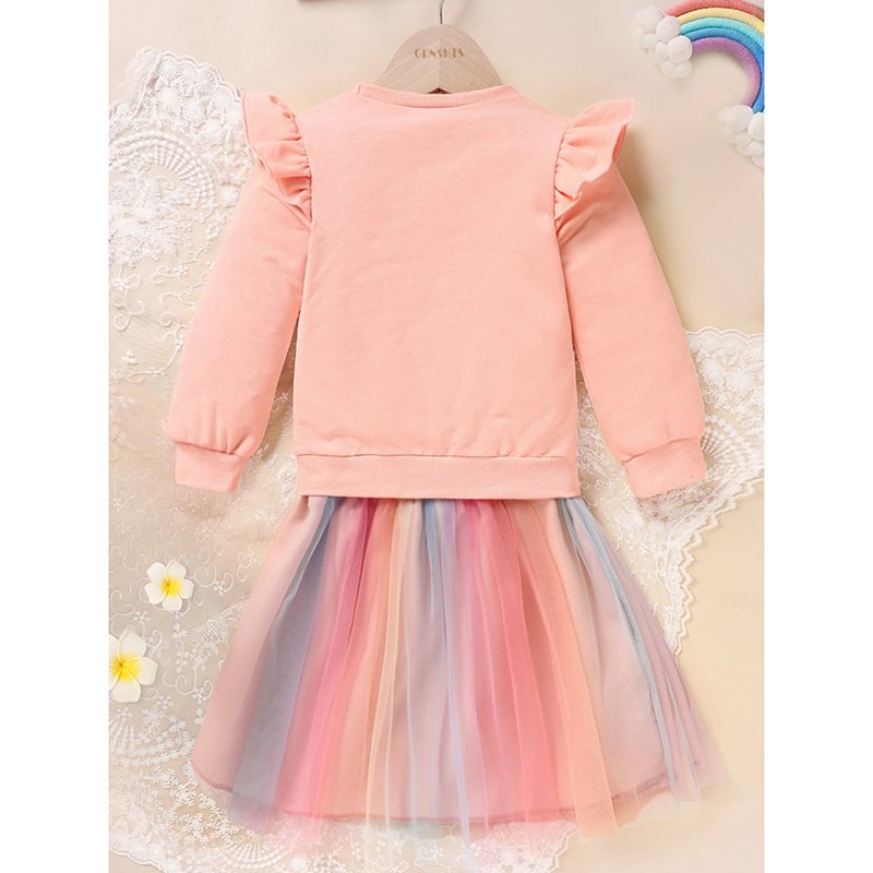 Baby Girls Rainbow Skirt Set Letters Embroidery Long Sleeve Sweatshirt Tops - Image 3