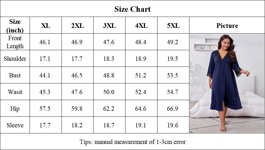 Home Wear Plus Size Three-quarter Sleeve Lace Nightdress For Women - Image 5