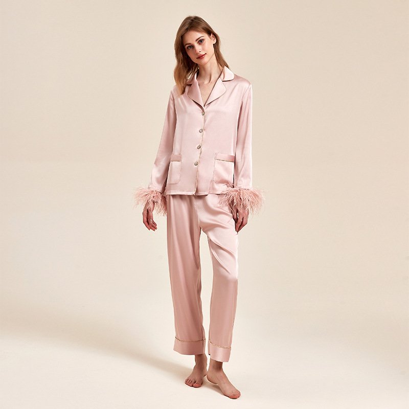 Removable Feather Ice Silk Pajamas Women Ostrich Feather Home Wear Suit - Image 6