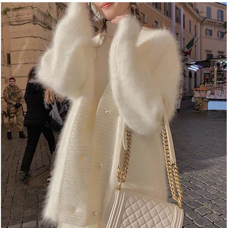 Mink Fleece Collar Sweater Coat Women White Outer Wear Loose And Lazy - Image 3