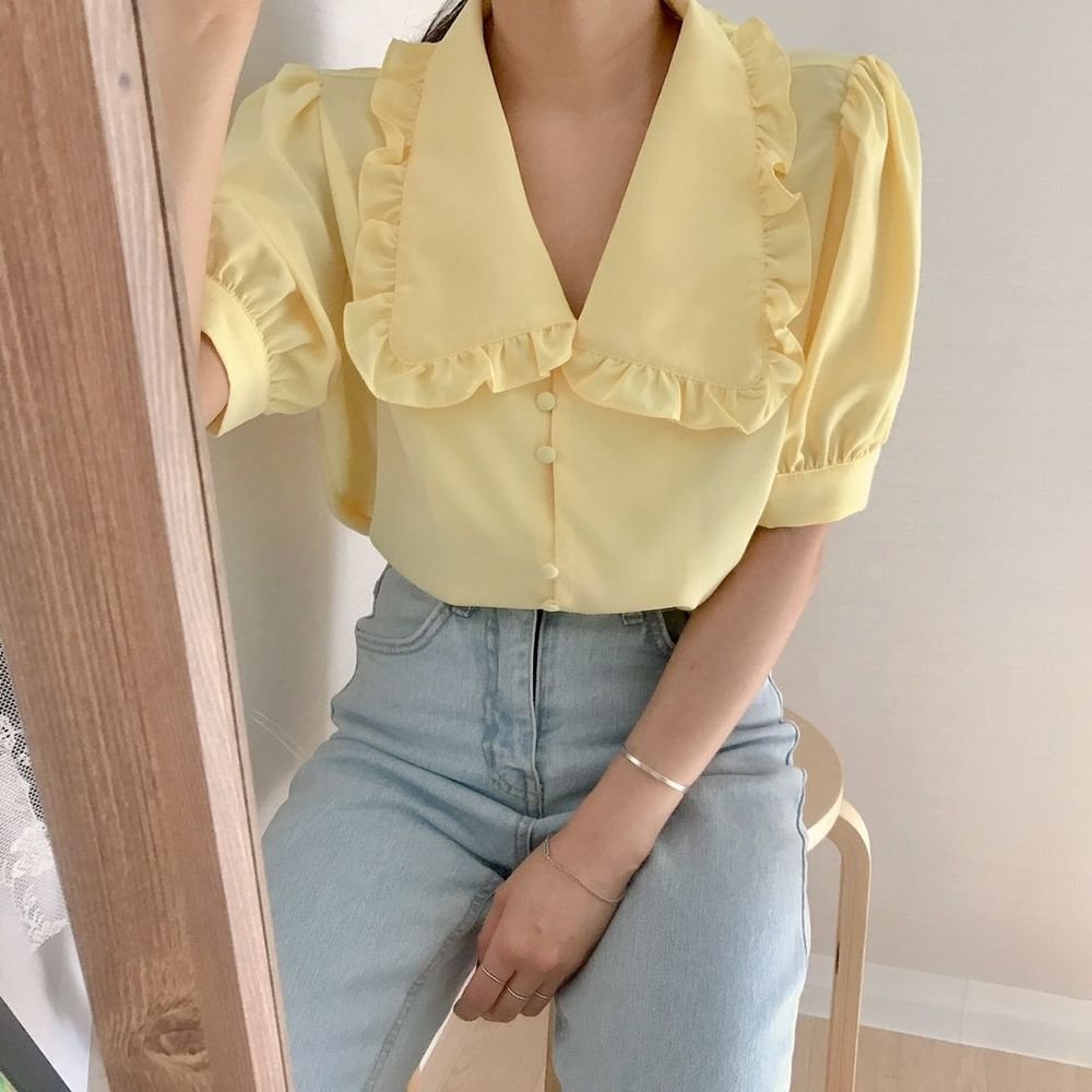 Sweet Short White Chiffon Blouse Women Ruffled Slim Women Shirt Tops Korean - Image 5