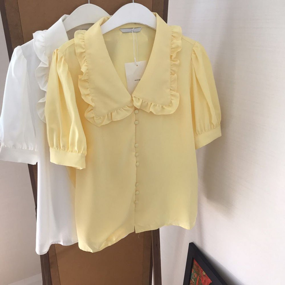 Sweet Short White Chiffon Blouse Women Ruffled Slim Women Shirt Tops Korean - Image 3