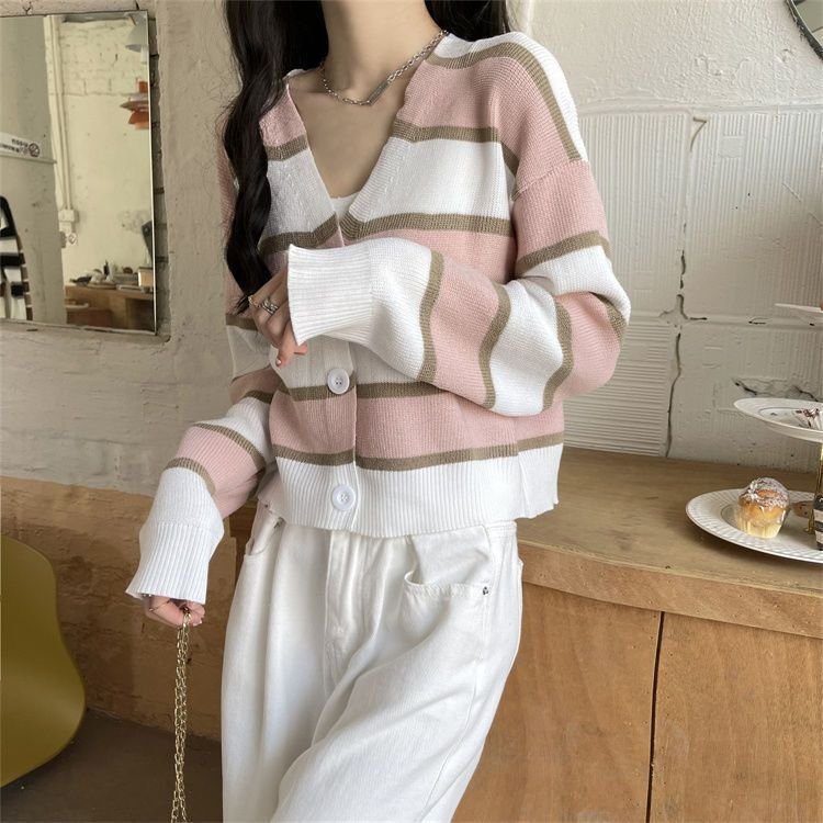 French Style Vintage Stripe Knitted Cardigan Outer Wear Short Sweater For Women - Image 7