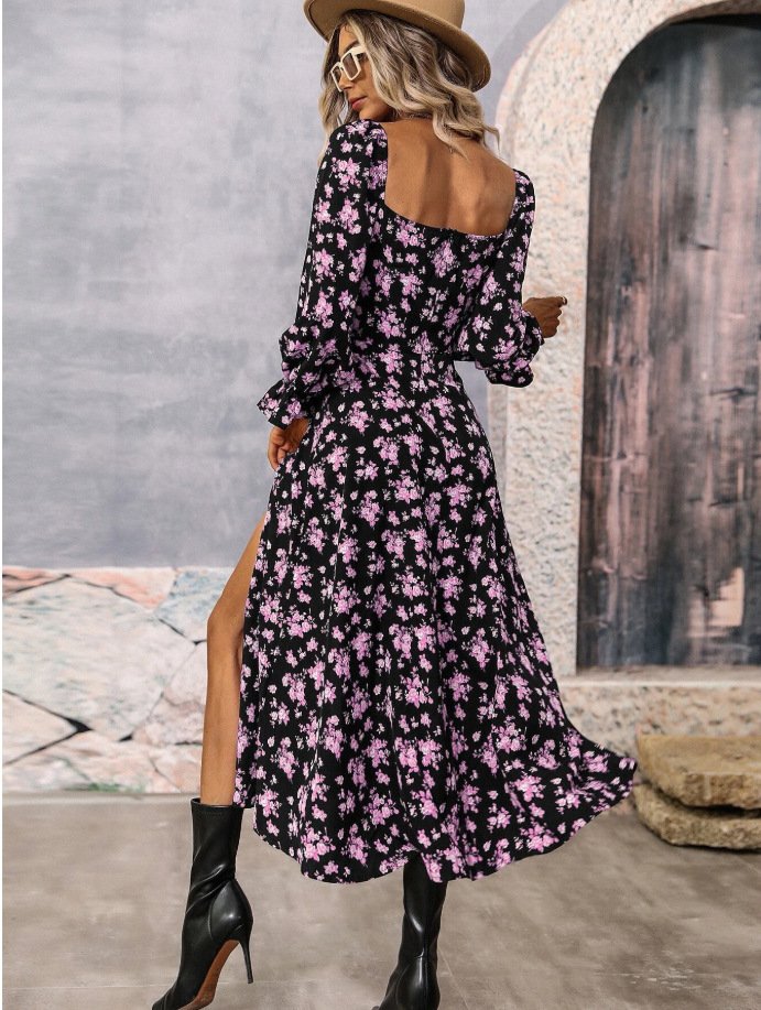 Flowers Printing Long Sleeve Dress Fashion Square-neck Bottom Slit Dresses Womens Clothing - Image 3