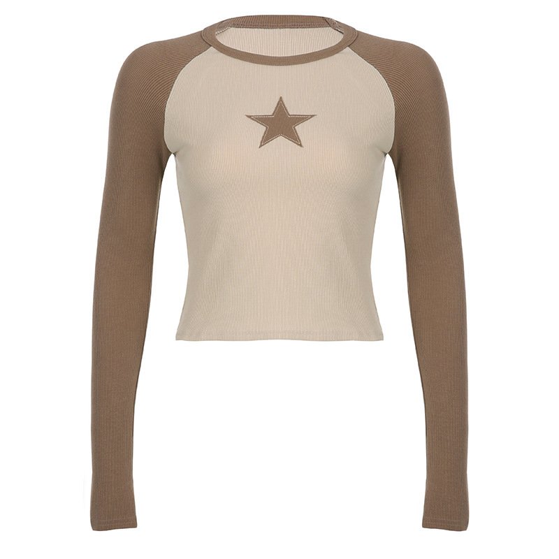 Stars Patchwork Long Sleeve T-shirts Women Slim Tops - Image 3