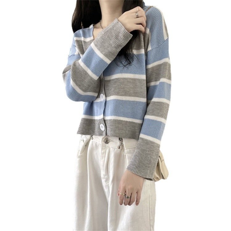 French Style Vintage Stripe Knitted Cardigan Outer Wear Short Sweater For Women - Image 5
