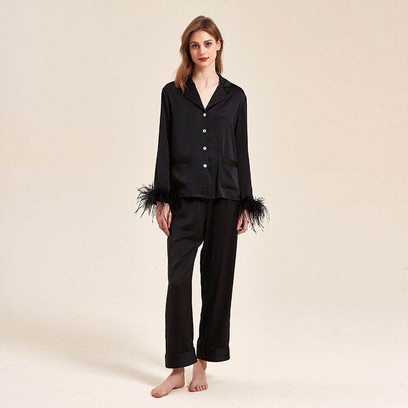 Removable Feather Ice Silk Pajamas Women Ostrich Feather Home Wear Suit - Image 4