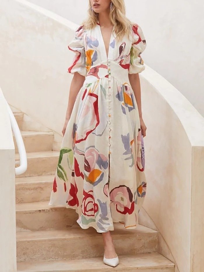 Print Dresses For Women Summer V-neck Button Short Sleeve Dress - Image 3
