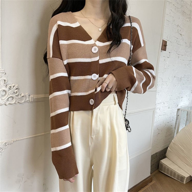 French Style Vintage Stripe Knitted Cardigan Outer Wear Short Sweater For Women - Image 2