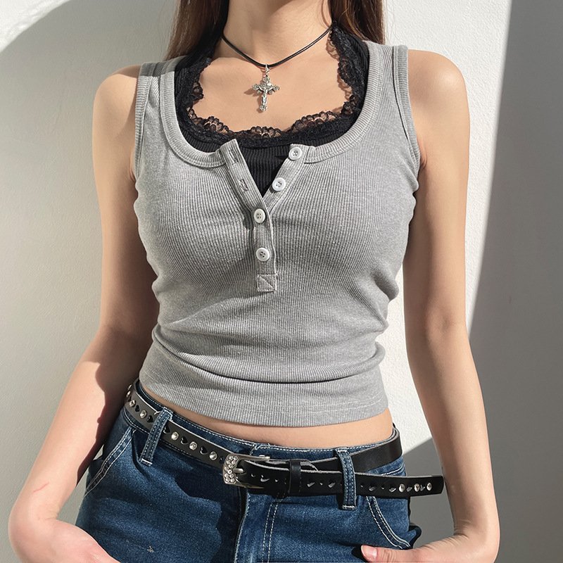 American Hot Girl Wear Lace Fake Two-piece Vest For Women - Image 7