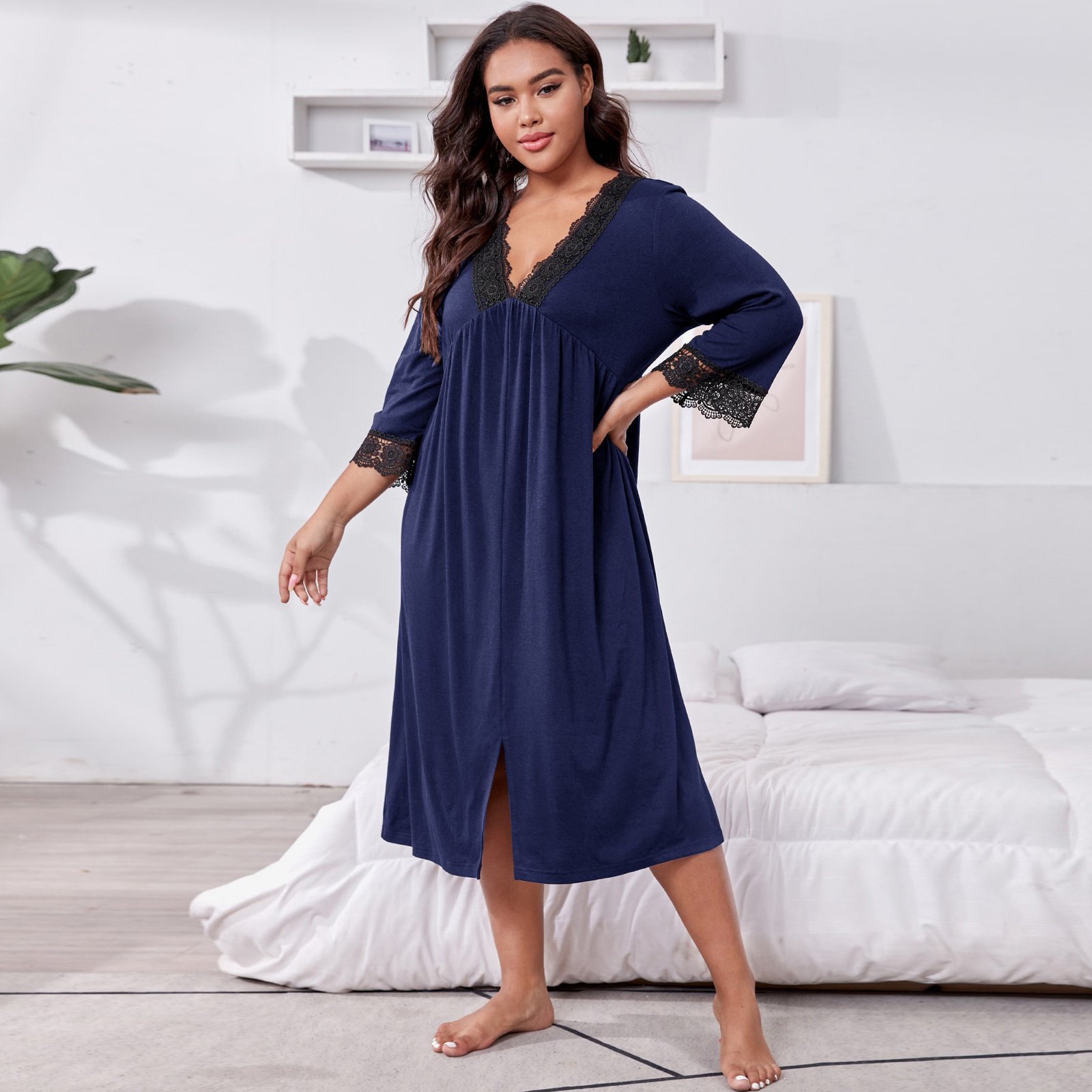 Home Wear Plus Size Three-quarter Sleeve Lace Nightdress For Women - Image 3