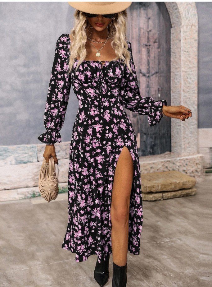 Flowers Printing Long Sleeve Dress Fashion Square-neck Bottom Slit Dresses Womens Clothing - Image 5
