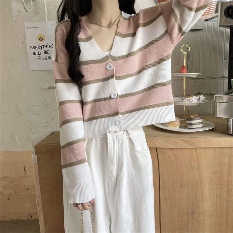 French Style Vintage Stripe Knitted Cardigan Outer Wear Short Sweater For Women - Image 8