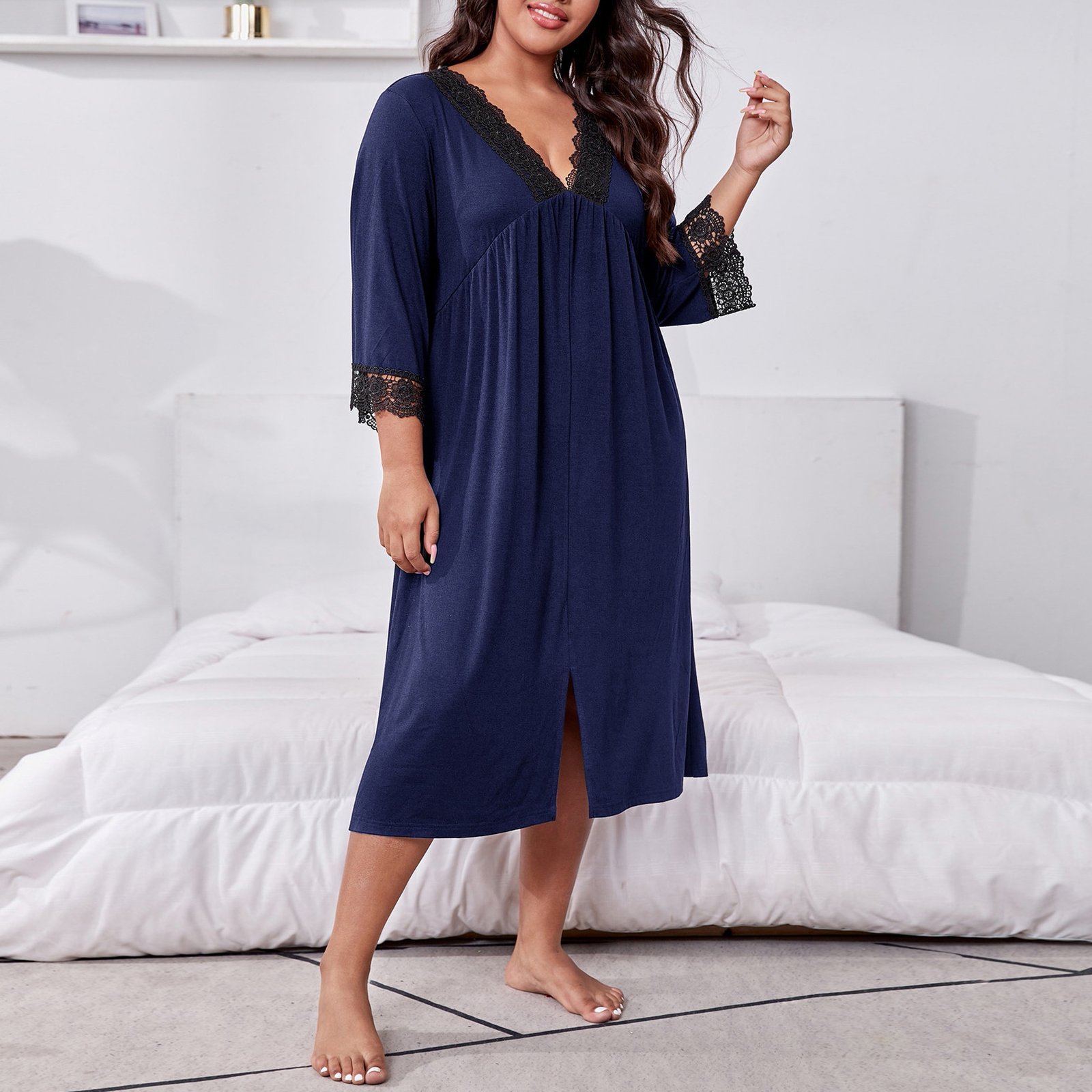 Home Wear Plus Size Three-quarter Sleeve Lace Nightdress For Women - Image 6