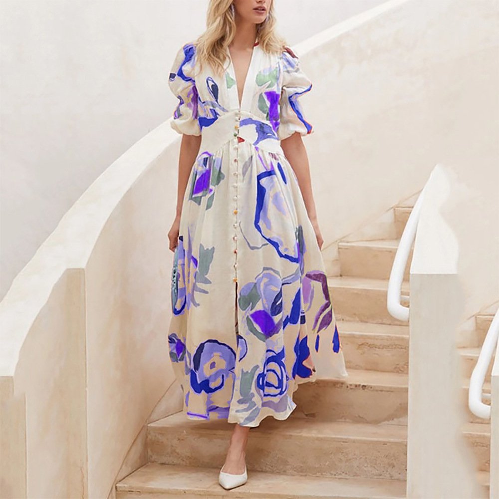 Print Dresses For Women Summer V-neck Button Short Sleeve Dress - Image 4
