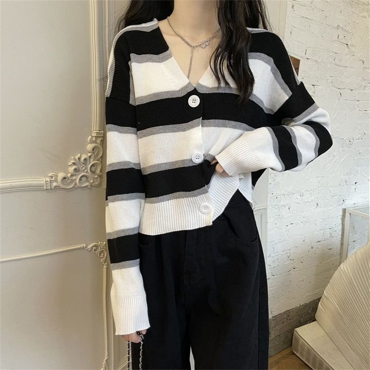 French Style Vintage Stripe Knitted Cardigan Outer Wear Short Sweater For Women - Image 4