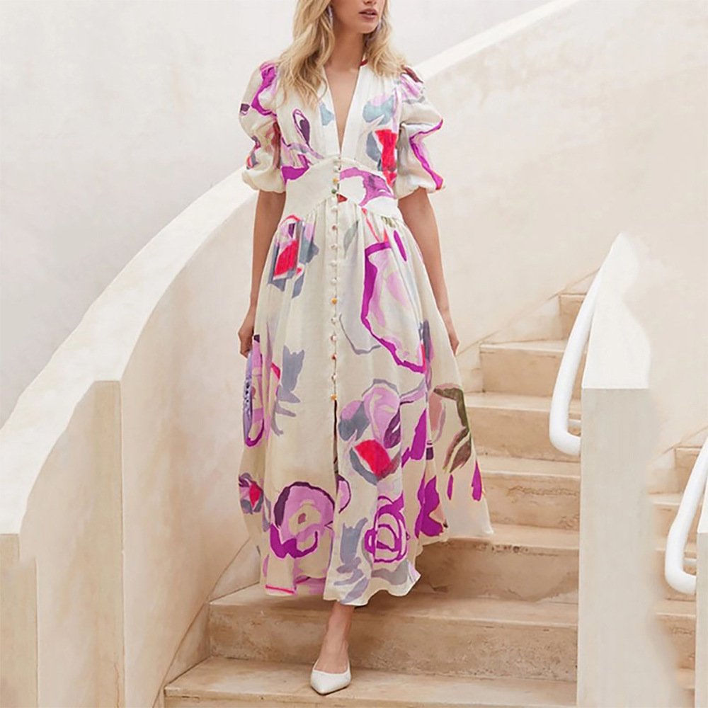Print Dresses For Women Summer V-neck Button Short Sleeve Dress - Image 2
