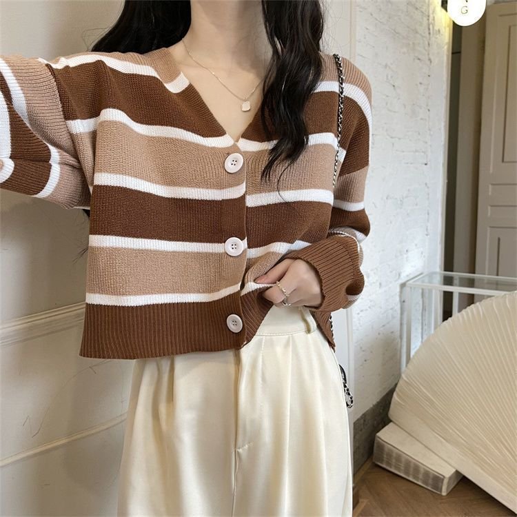 French Style Vintage Stripe Knitted Cardigan Outer Wear Short Sweater For Women - Image 6