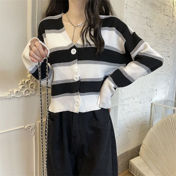 French Style Vintage Stripe Knitted Cardigan Outer Wear Short Sweater For Women - Image 9