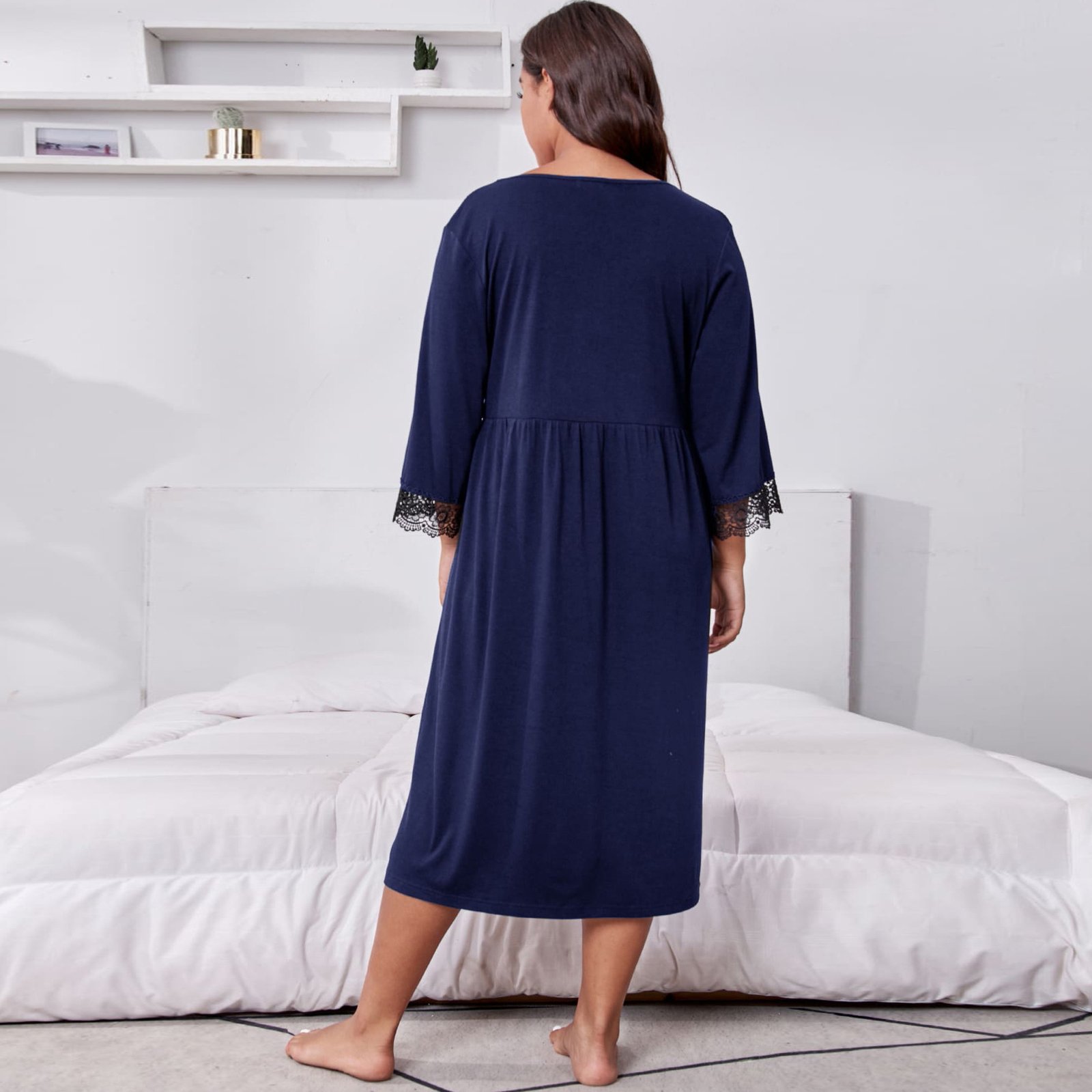 Home Wear Plus Size Three-quarter Sleeve Lace Nightdress For Women - Image 8