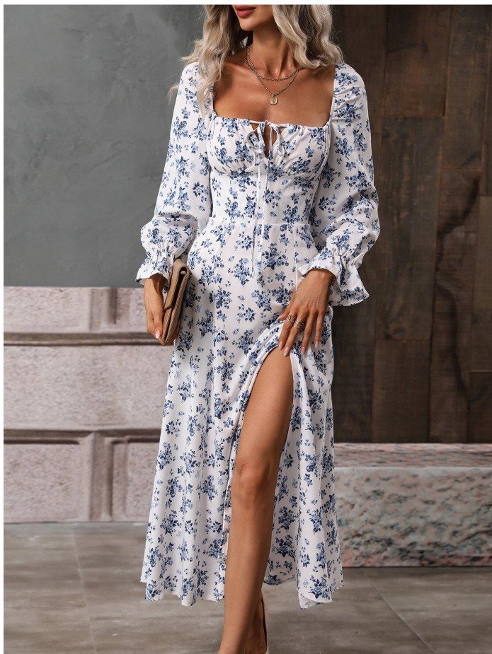 Flowers Printing Long Sleeve Dress Fashion Square-neck Bottom Slit Dresses Womens Clothing - Image 4