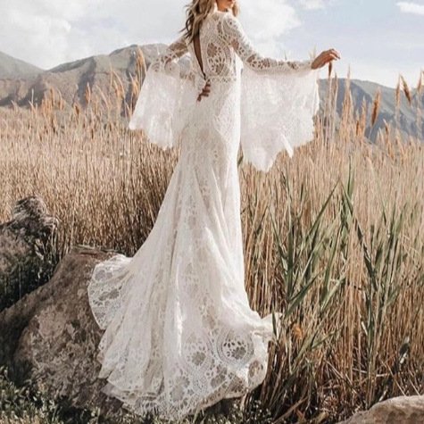 Bell Sleeve Lace Backless Bridal Light Wedding Dress - Image 3