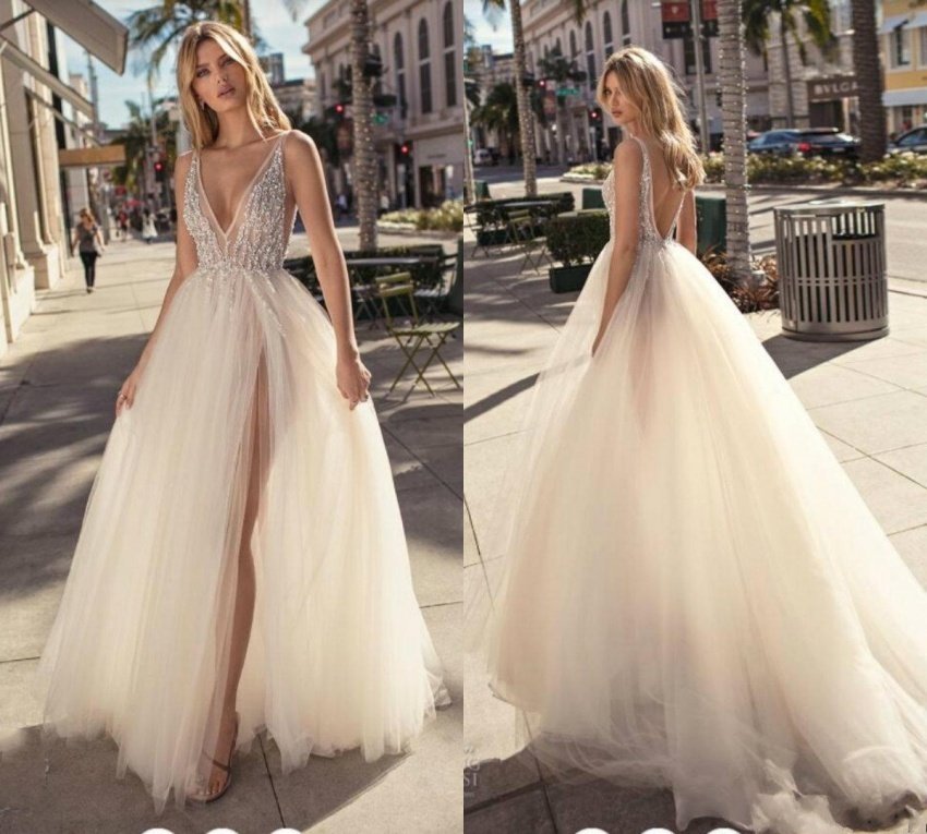Sexy Deep V-neck Bare Legs Bridal Bridal Photography Location Light Wedding Dress