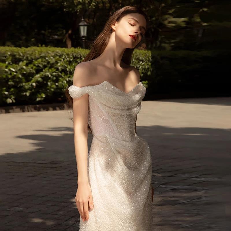 Bridal Hepburn Style Wedding Veil Trailing Off-shoulder Evening Dress - Image 8
